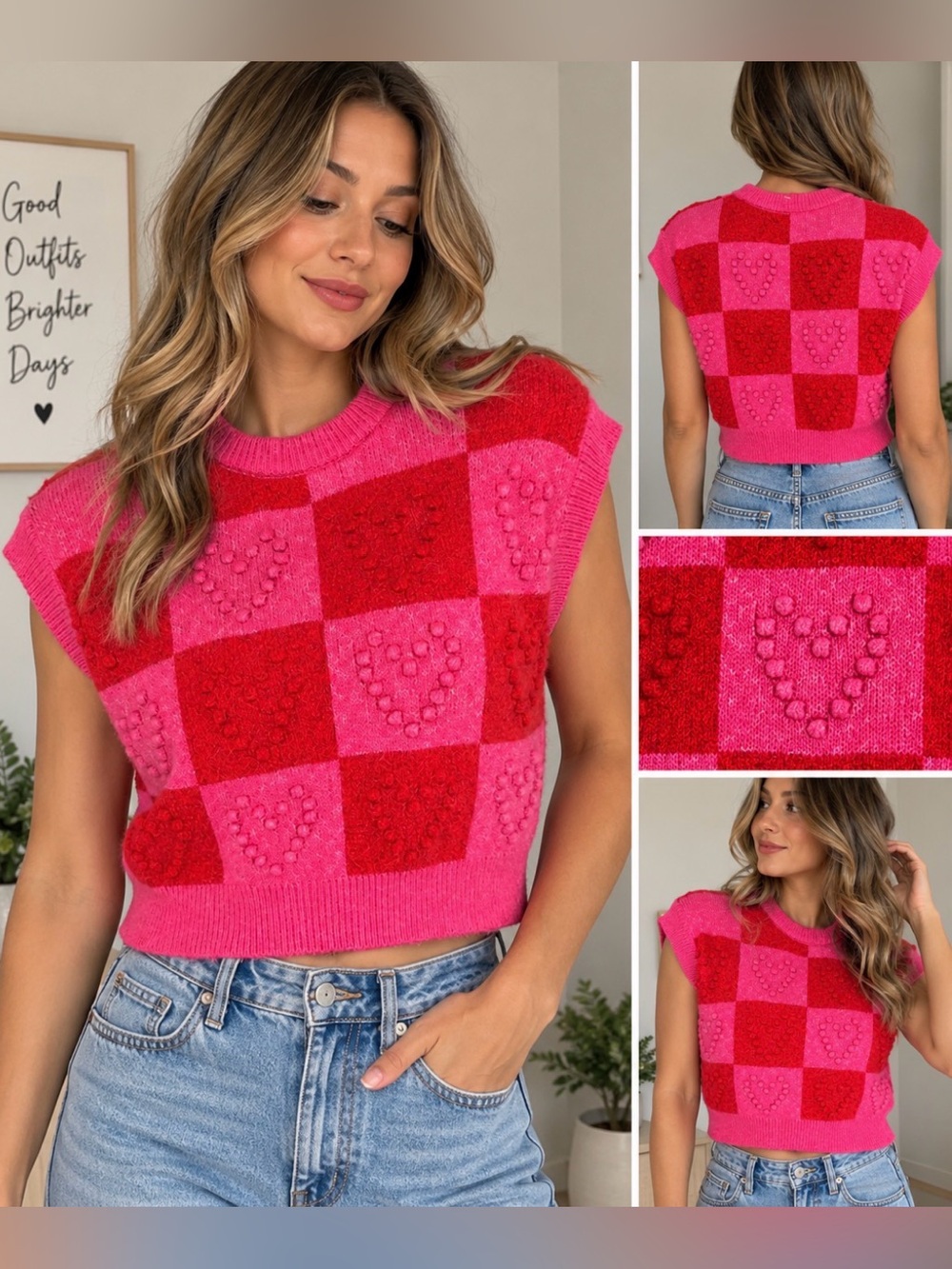 Zara Red and Pink Checkered Hearts Cropped Sweater Size Small